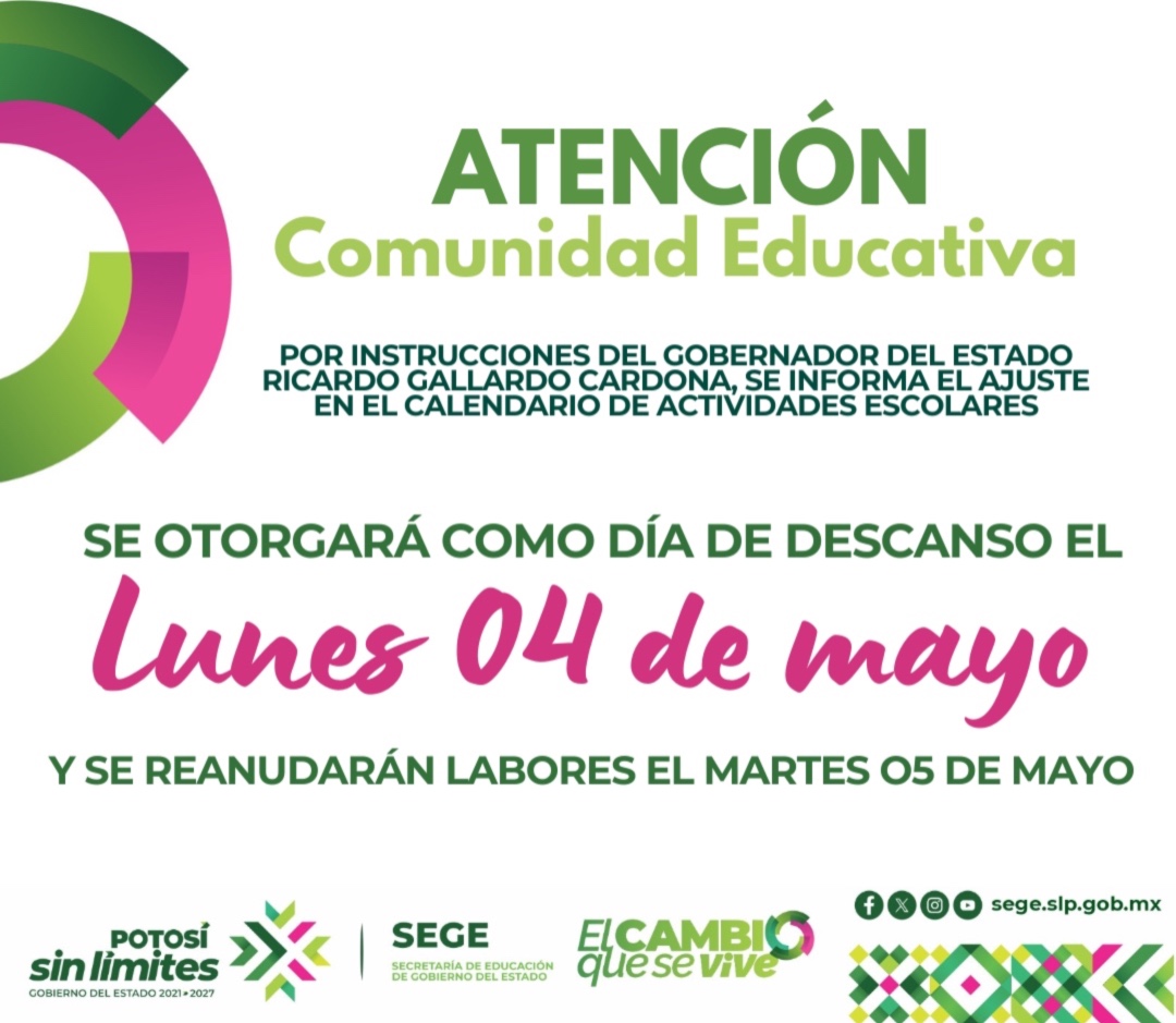 Anuncian cambio de dia de descanso en beneficio de la comunidad educativa